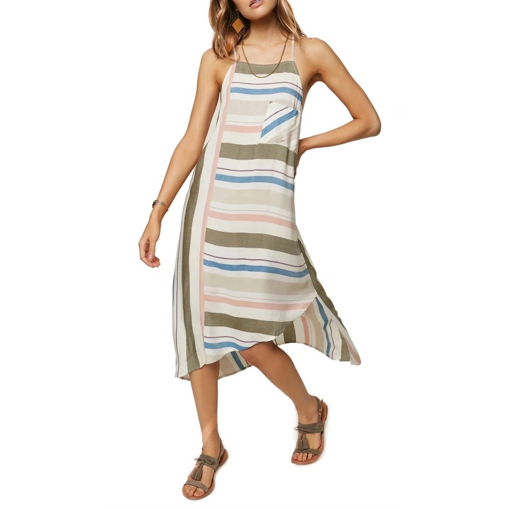 O'Neill Striped High Neck Midi Dress Multi Color Coastal Boho Beachy Size M